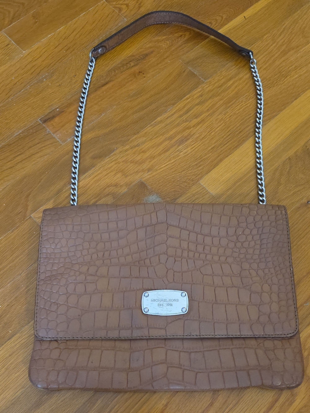 Michael Kors Tan Croc-Embossed Shoulder Bag with Chain Strap